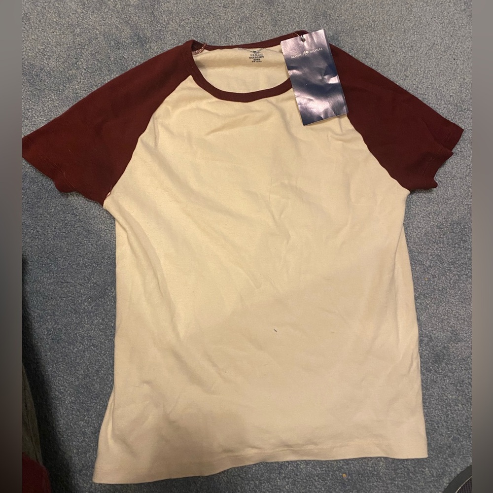 Brandy Melville Cream and Red Raglan T-Shirt